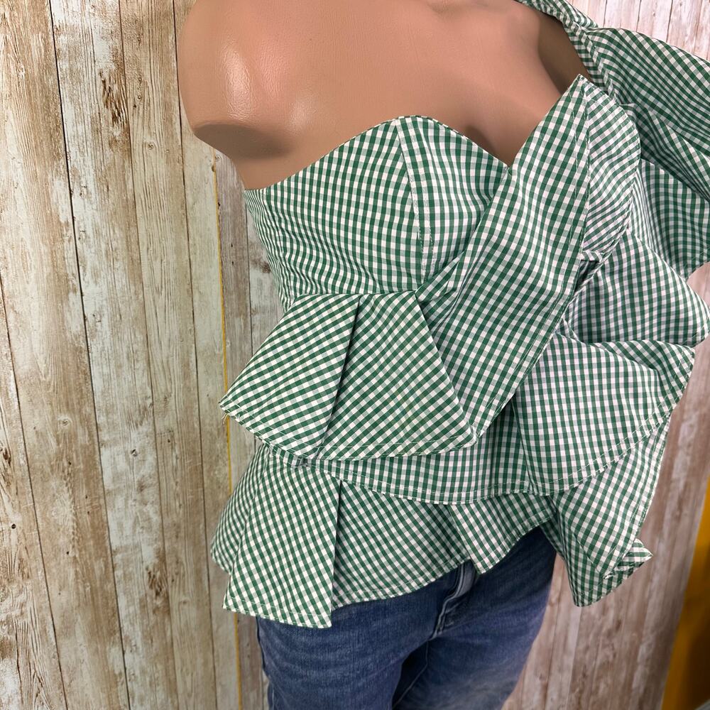 LUXE by STYLEKEEPERS Womens Size M One Shoulder green Gingham Top - Picture 3 of 7